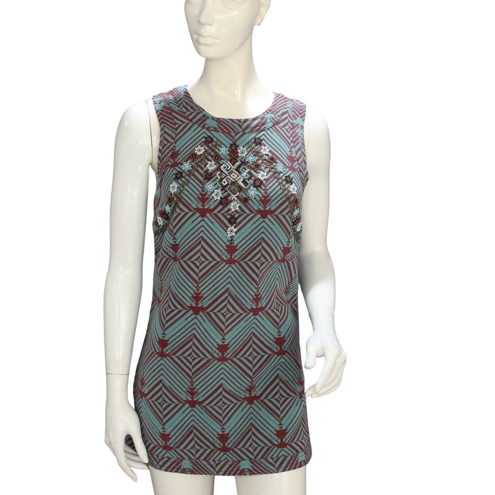 Free People New‎ Romantics Beaded Shift Dress XS Teal Burgundy Boho